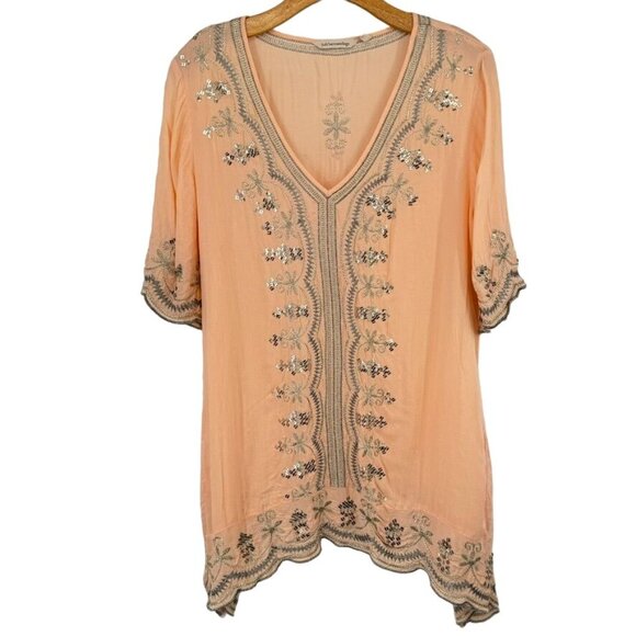 Soft Surroundings Peach gold Catalina Embroidered Tunic Top  Boho short sleeve - Picture 2 of 12